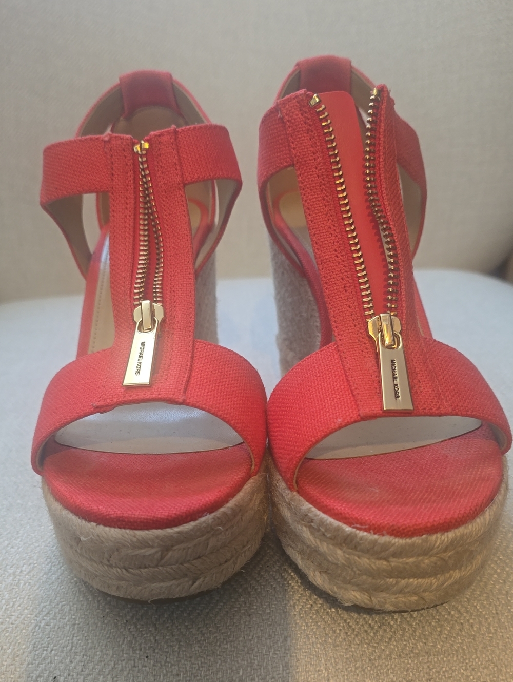 Michael Kors Coral-Red Espadrille Wedge Sandals with Gold Zipper